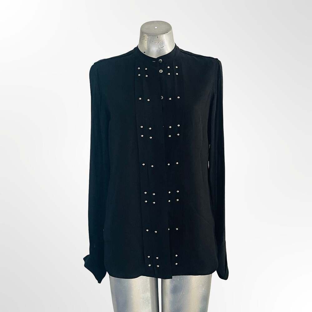 Belstaff Women's Black Silk Long Sleeve Blouse with Brass Stud Embellishments