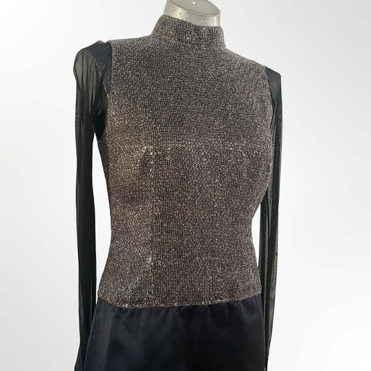 Vintage Vera Wang Mock Neck Beaded Metallic Mesh Long Sleeve Evening Gown