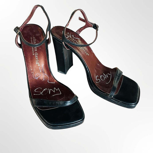 Charles David by Nathalie M Black Leather Square Toe Block Heel Sandals