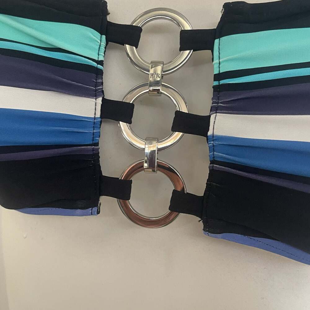 MICHAEL Michael Kors Striped Bandeau Bikini Set with Metal Ring Detail