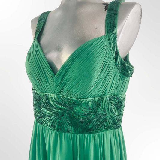 OC by OC Emerald Green 100% Silk Pleated Beaded Waist Maxi Evening Gown Size 12