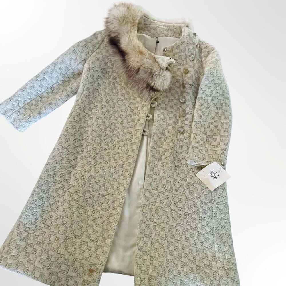 Vintage 1950s Checkered Tweed Coat with Fur Collar