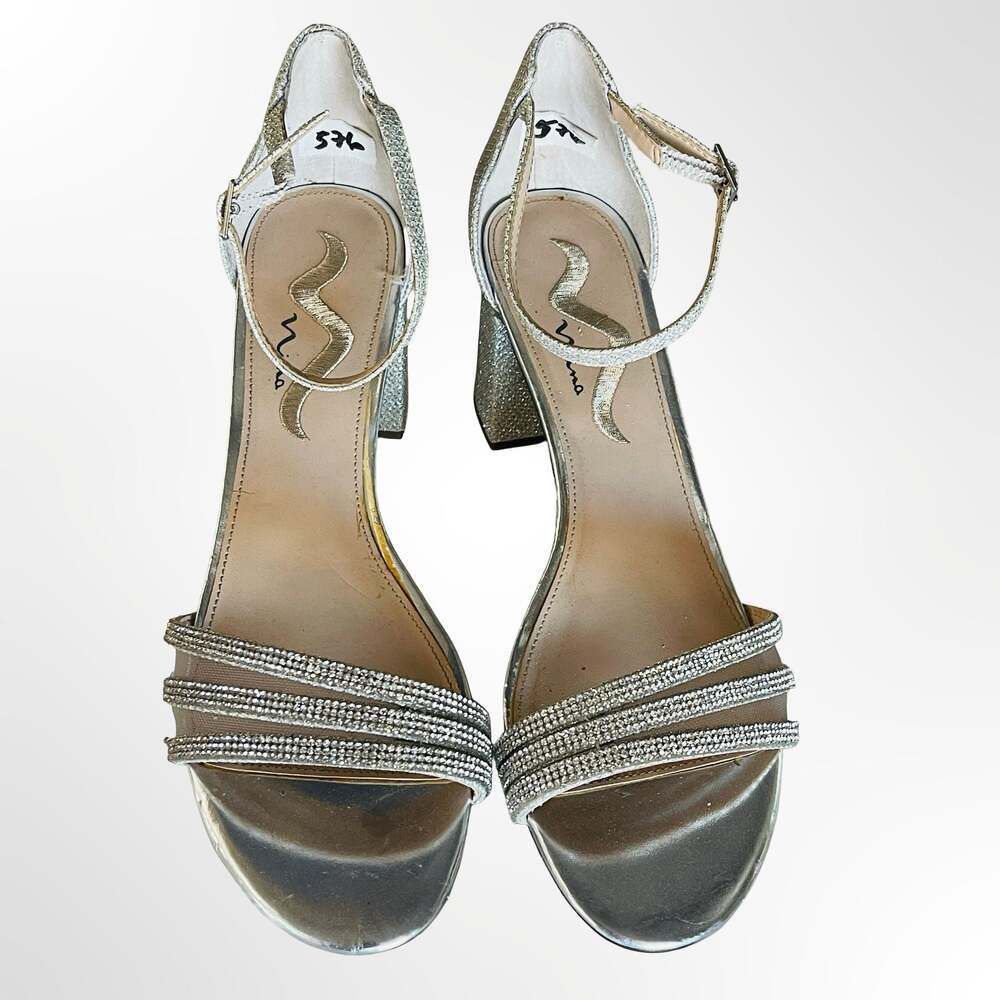Nina Nagida Silver Glitter Rhinestone Block Heel Sandals