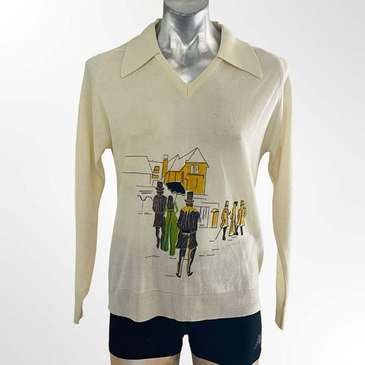 Vintage Raffini Linea Uomo Cream V-Neck Sweater w Art Deco Graphic