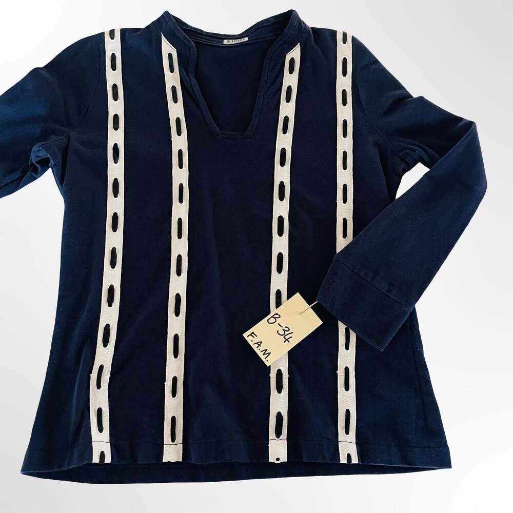 Vintage Navy Blue Long Sleeve Blouse with White Vertical Striped Details