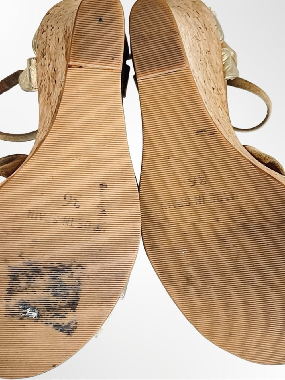Jean Michael Cazabat Metallic Gold Cork Wedge Sandals in size 5.5