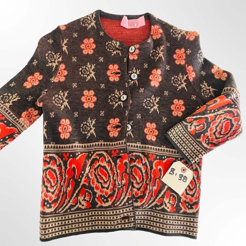 Geiger Collection Wool Cardigan Jacket with Floral and Paisley Pattern