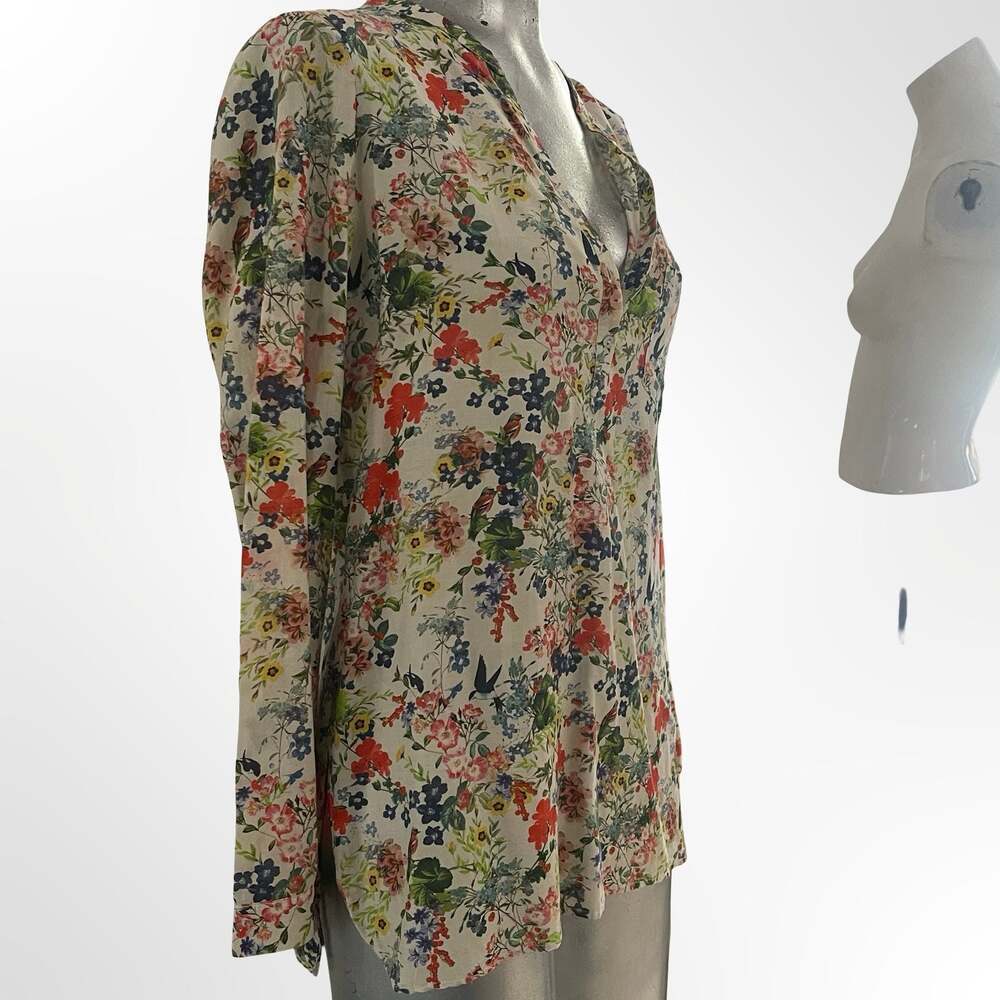 Zara Woman Long Sleeve Floral Print Split Neck Blouse