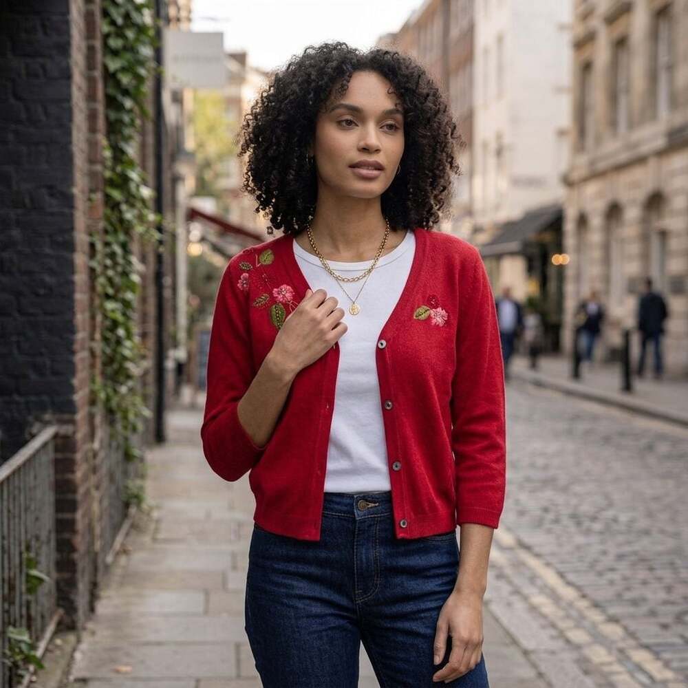 La Coquille Vintage Red Floral Embroidered Cardigan Sweater
