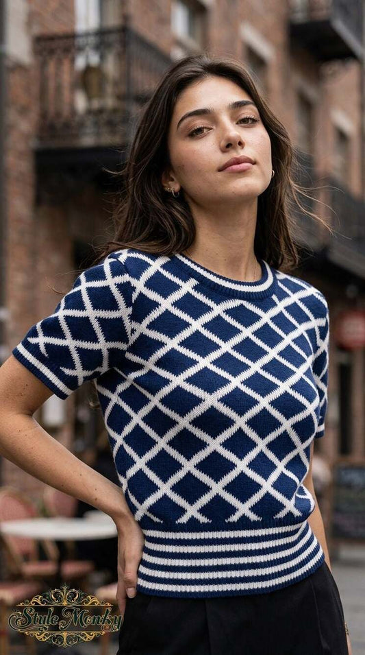 Glamour Knit Fully Fashioned Blue and White Diamond Print Short Sleeve Sweater