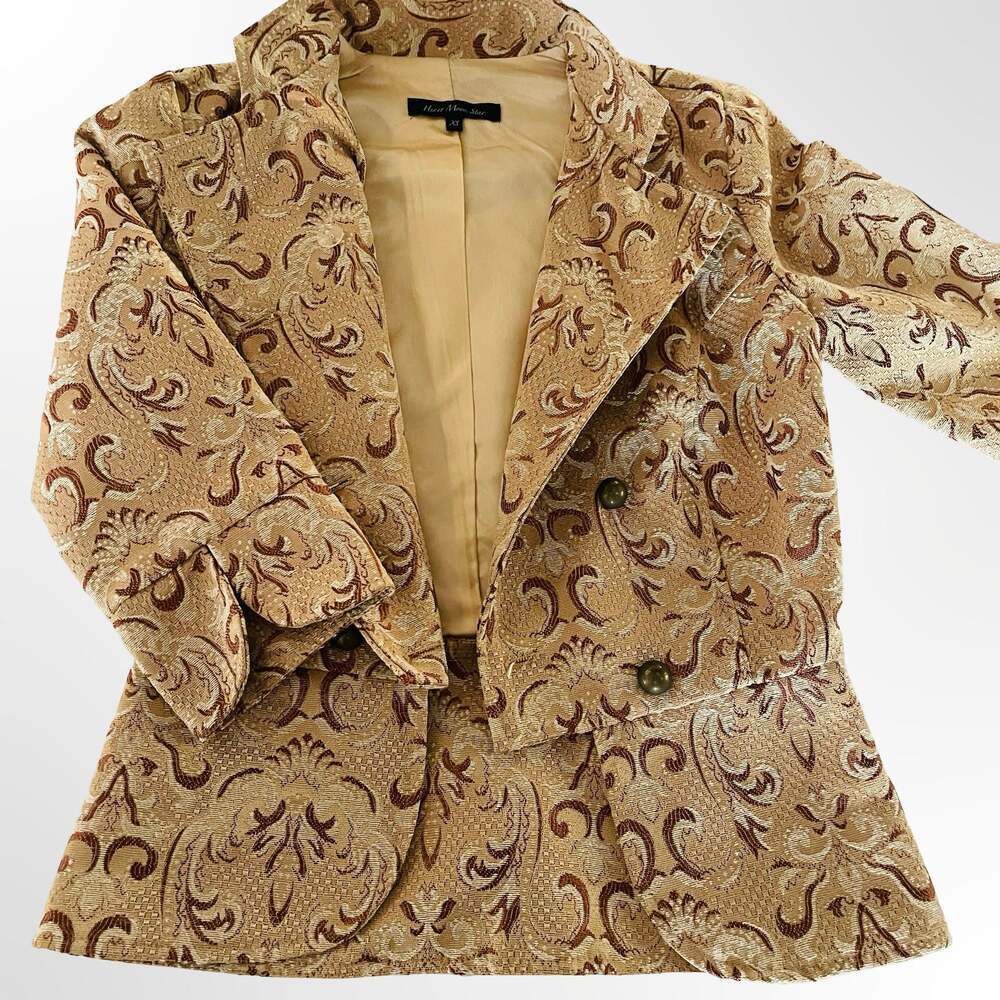 Heart Moon Star Women's Tan Brocade Tapestry Floral Print Cropped Jacket Size XS