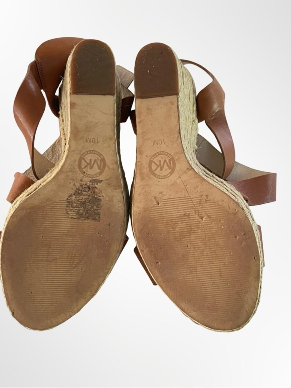 Michael Kors Brown Leather Espadrille Wedge Sandals in 10