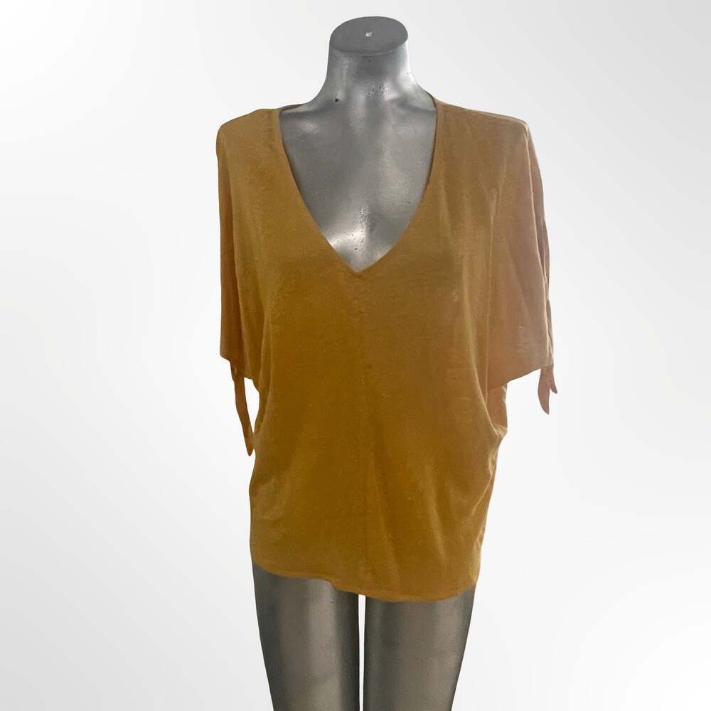 H&M Women's Mustard Yellow Linen V-Neck Top with Tie-Sleeve Detail