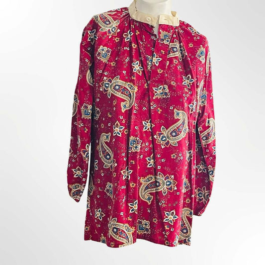 Vintage Red Paisley Floral Long Sleeve Blouse Tunic Grandmacore Smock Top