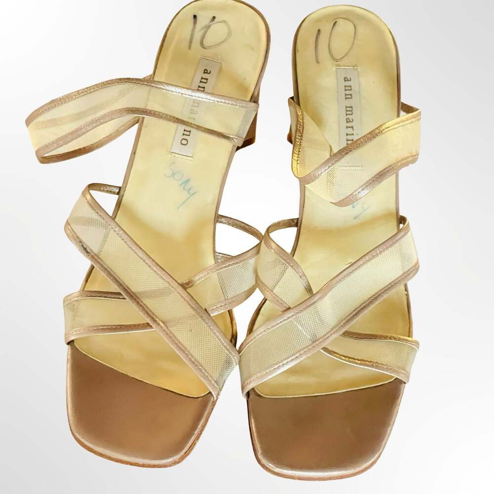 Ann Marino Vintage 90s Gold Metallic Strappy Mesh Block Heel Sandals