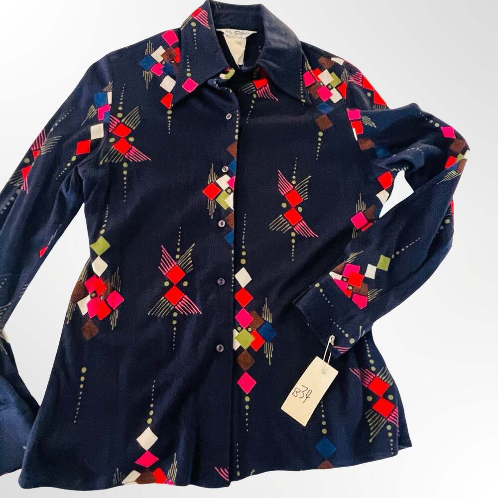 Vintage 1970s Kay Silver Long Sleeve Button Down Blouse Print Poly Knit