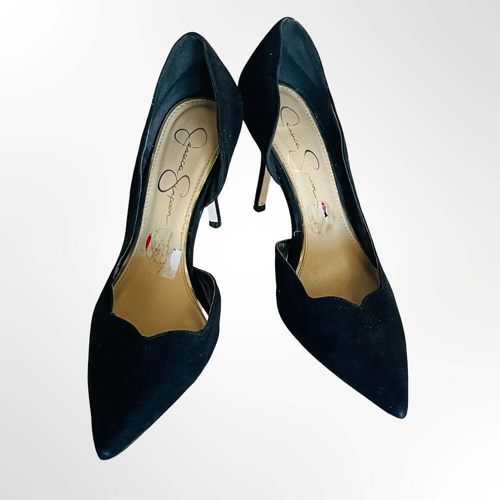 Jessica Simpson Black Suede Pointed Toe D'Orsay Scalloped Pumps