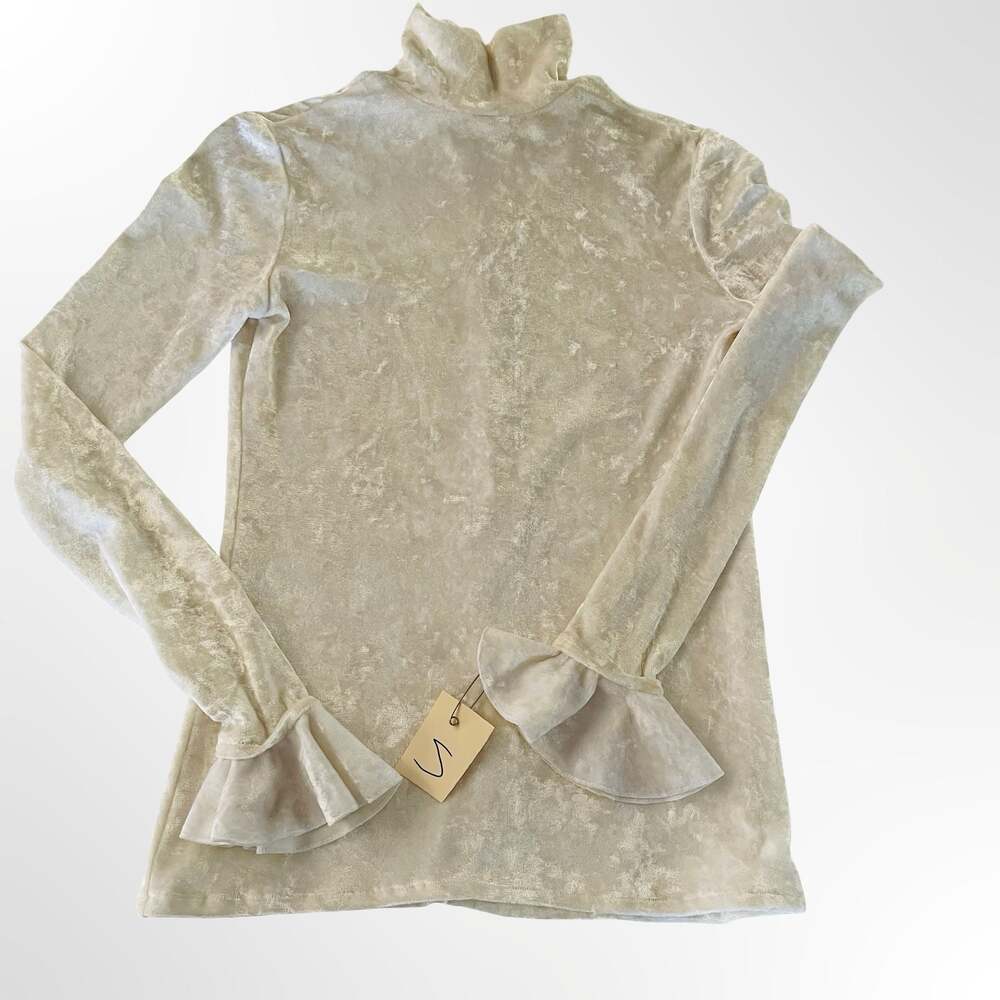 Vintage Style Cream Crushed Velvet Turtleneck Long Sleeve Ruffle Cuff Top