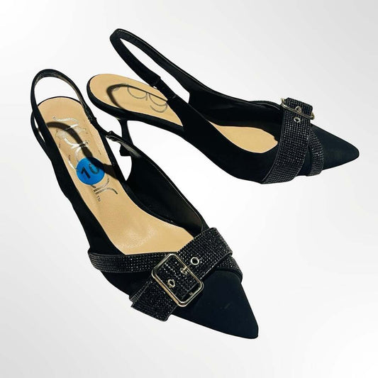 Sugar Black Suede Rhinestone Buckle Slingback Kitten Heels