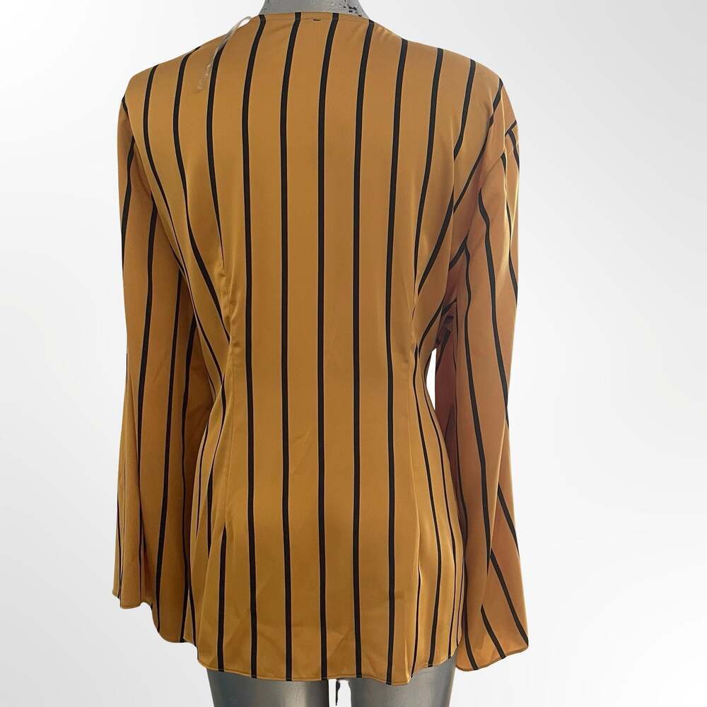 INC International Concepts Mustard Yellow and Black Striped Wrap Tie-Front Blous