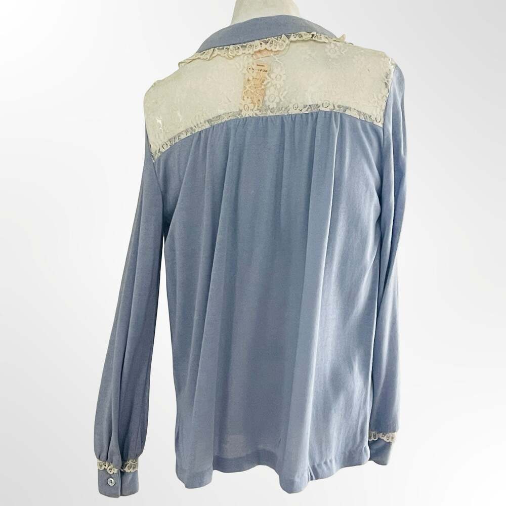 Red Pepper Vintage Blue Knit Blouse with Lace Collar and Tie