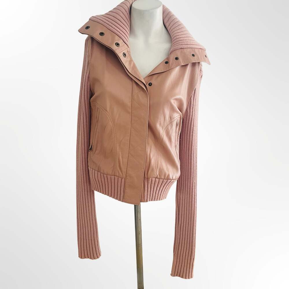 BCBGMaxAzria Pink Leather and Ribbed Knit Sweater Jacket Size M