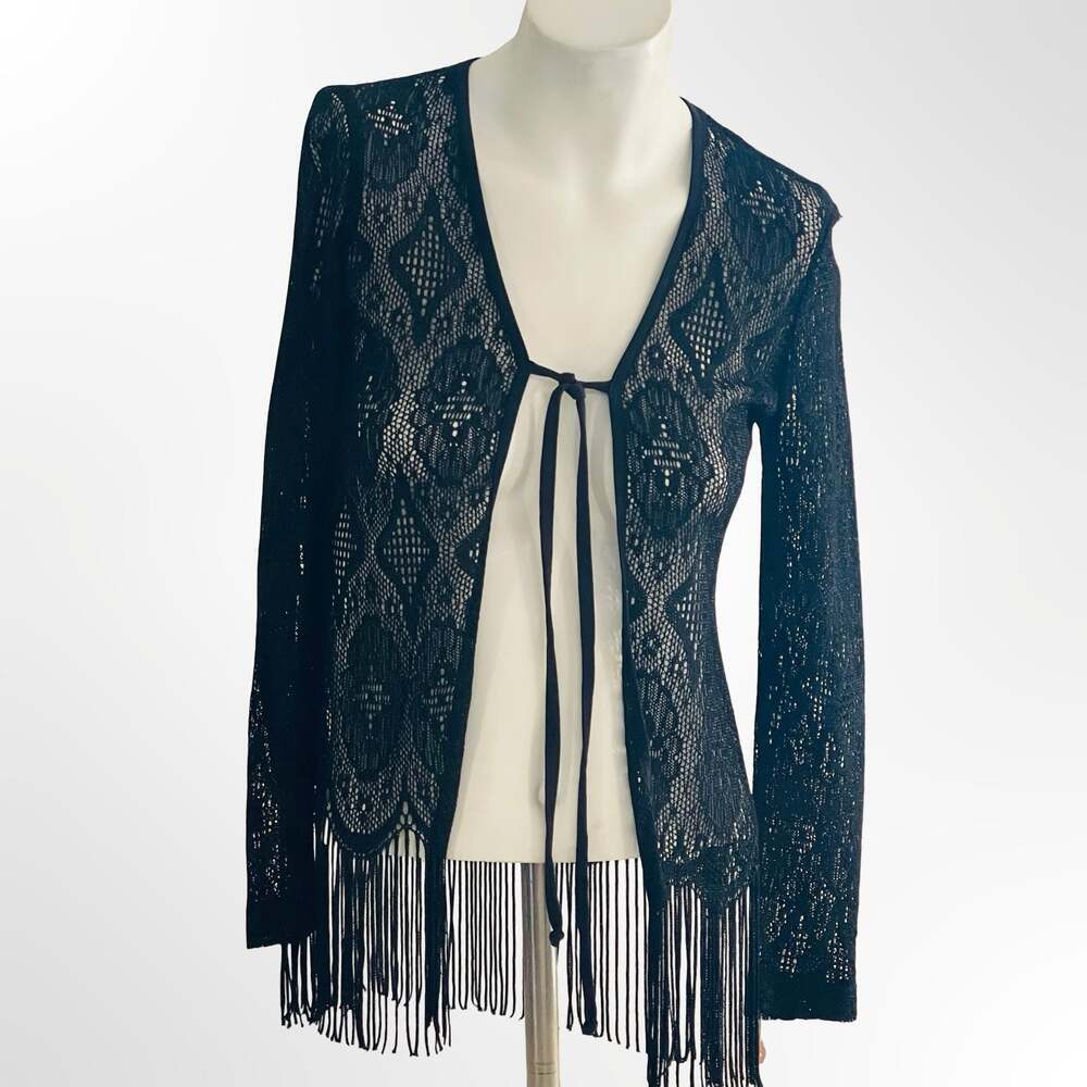 Black Lace Open Front Cardigan with Fringes and Tie Closure