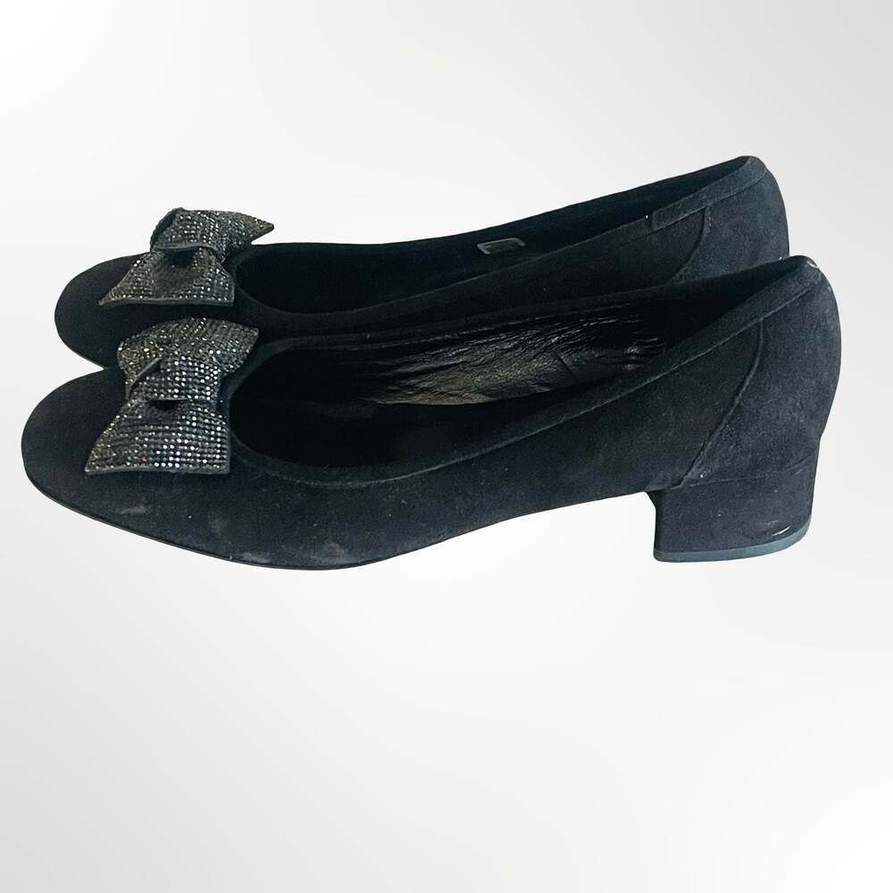 Sesto Meucci Firenze Black Suede Block Heel Pumps with Crystal Bow Detail