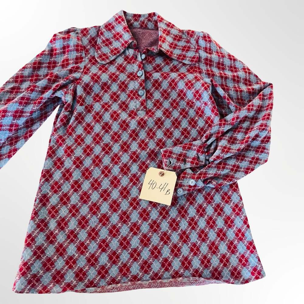 Vintage 1970s Red Blue Geometric Argyle Print Long Sleeve Collared Blouse