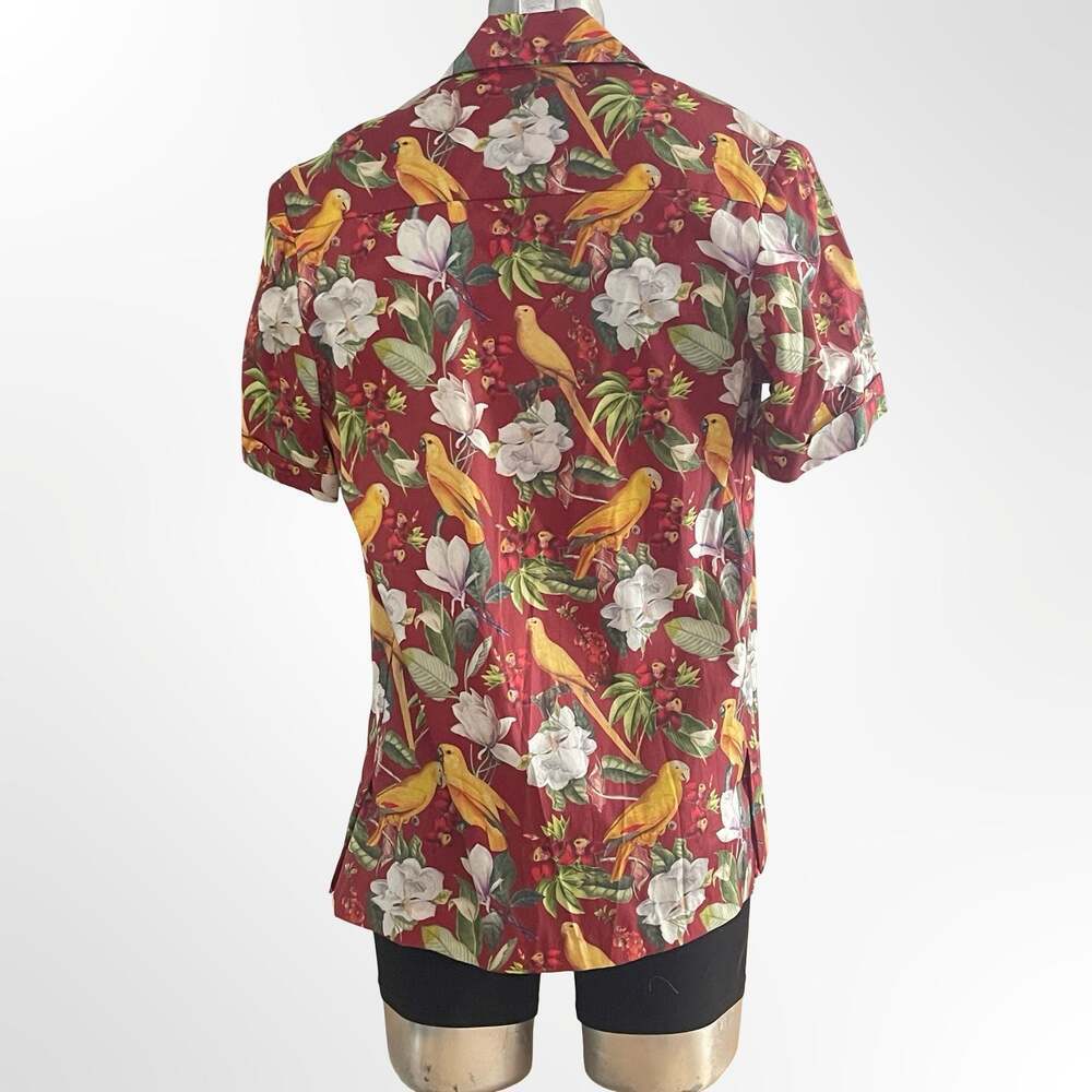 Vintage Floral and Parrot Print Red Tropical Camp Shirt