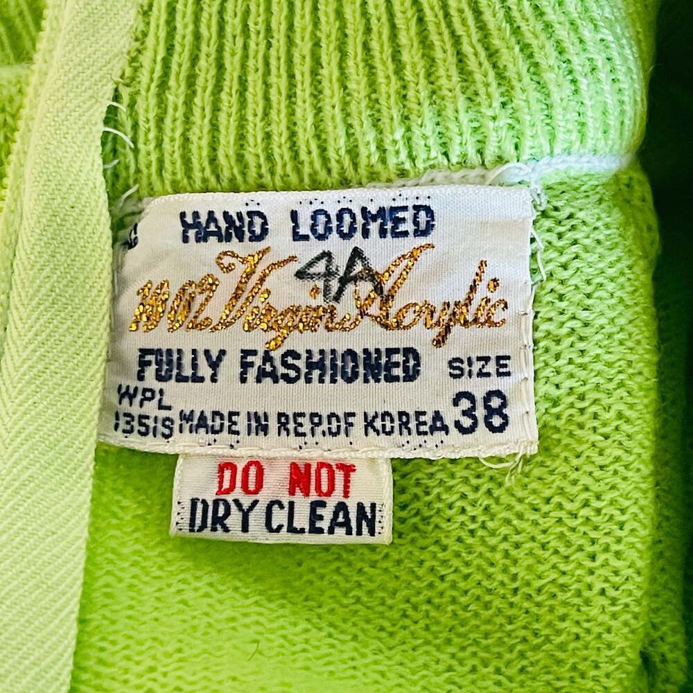 Vintage 1970s Hand Loomed Fully Fashioned Lime Green Mock Neck  Sweater