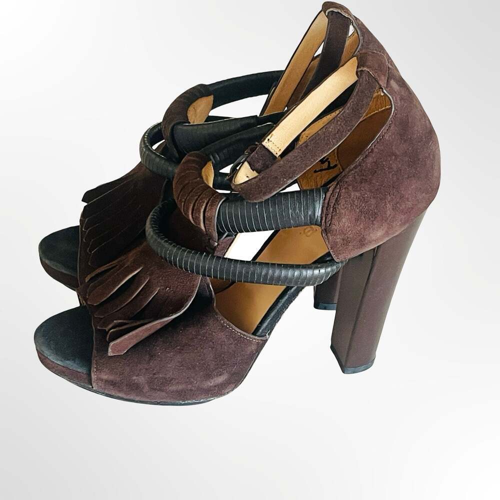 L.A.M.B. Hortensia Brown Suede Fringe High Heel Sandals Size 7.5M