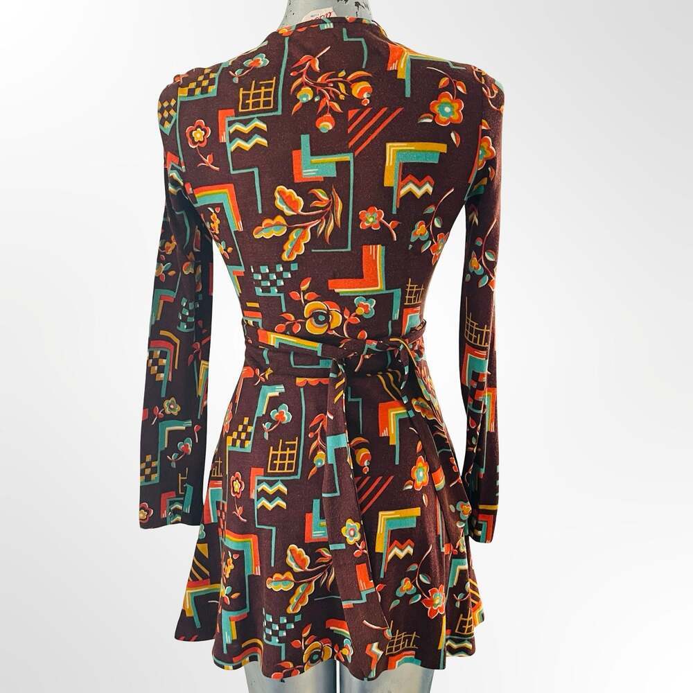 Vintage Brown Geometric Floral Long Sleeve Belted Mini Dress