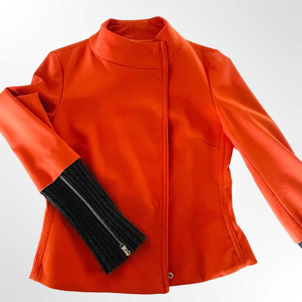 Mexx Orange Wool-Blend Blazer Jacket with Contrast Knit Ribbed Sleeves