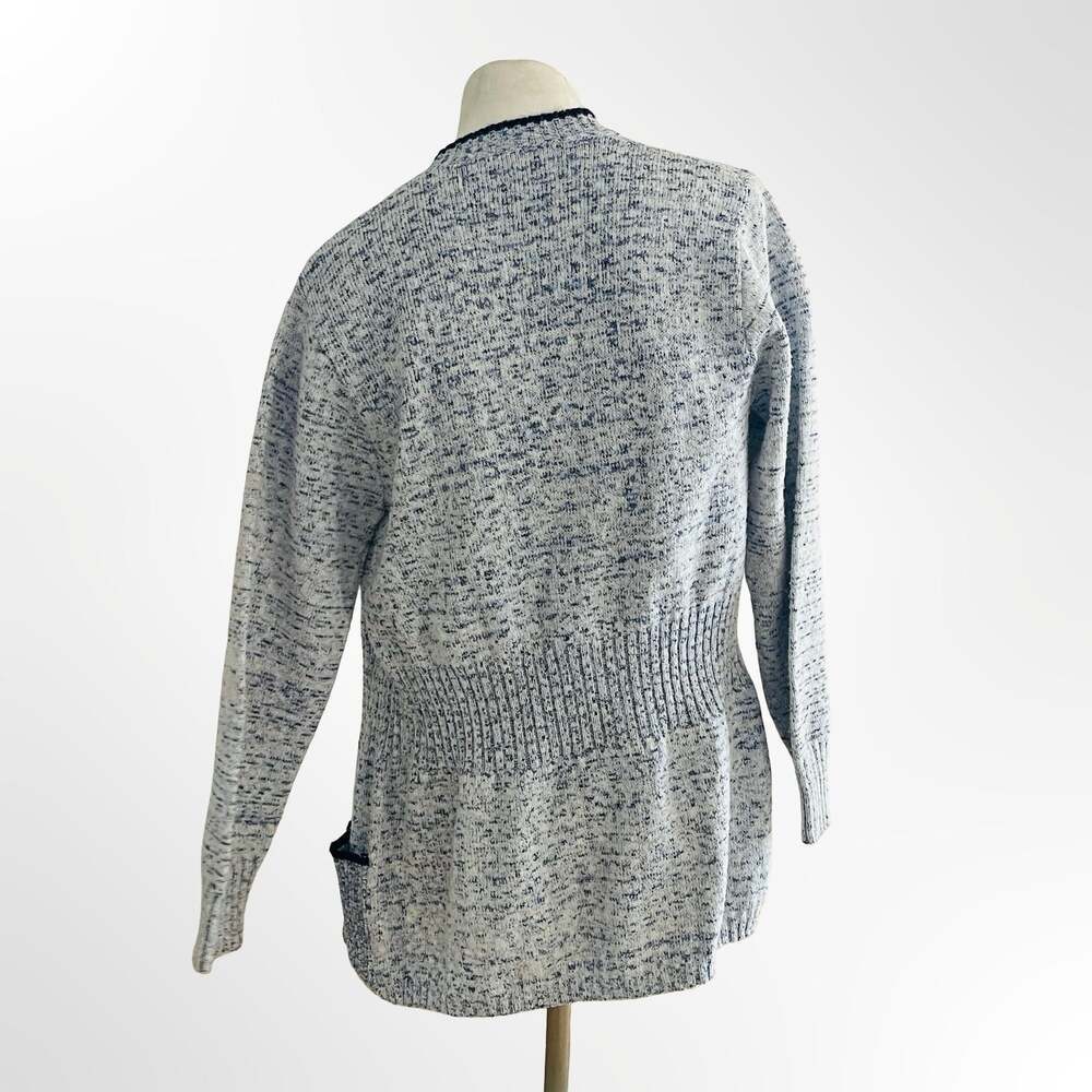 Women's Blue and White Marled Knit Button-Down Cardigan Sweater with Pockets