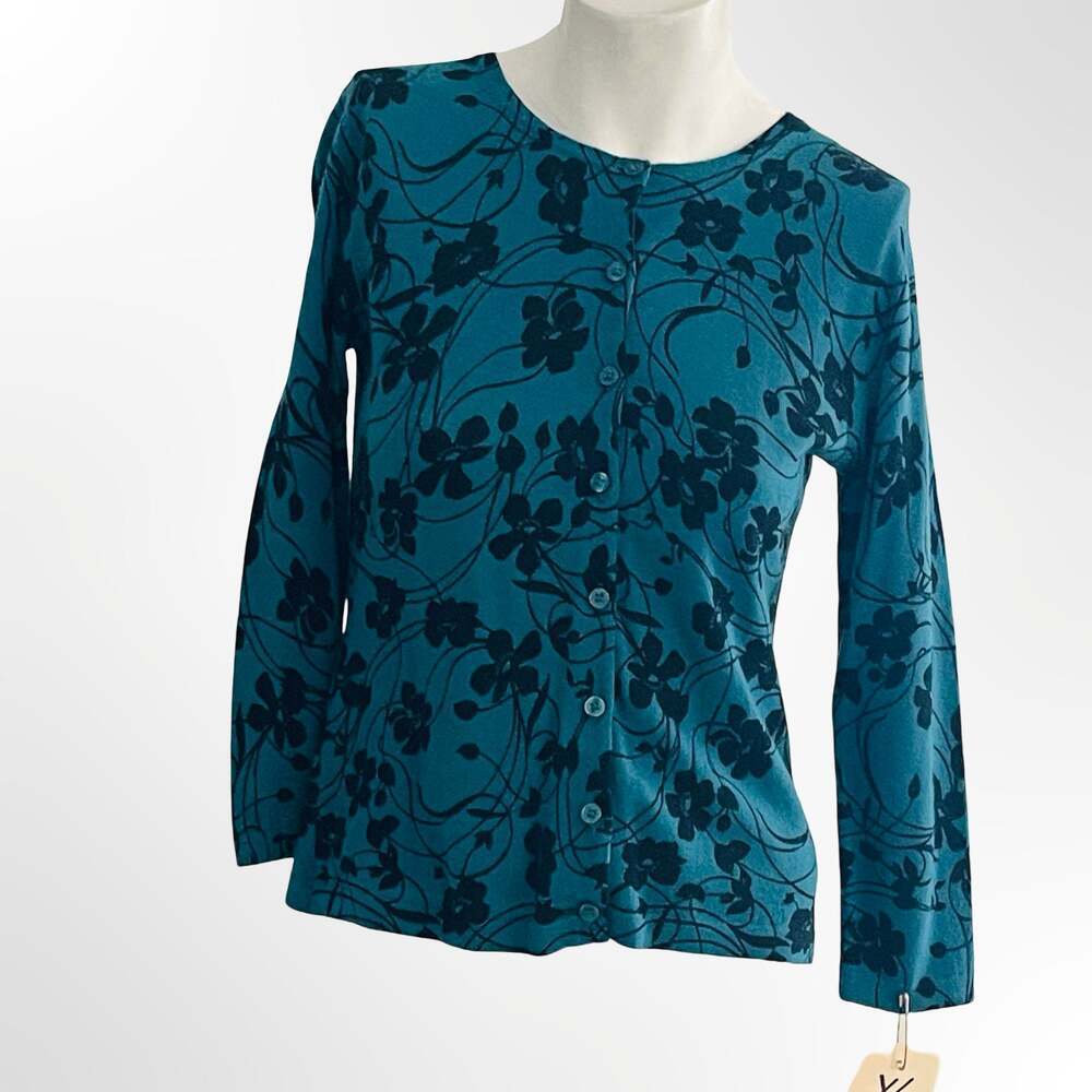 Garnet Hill Teal Blue Floral Botanical Print Button-Front Cardigan Sweater XS