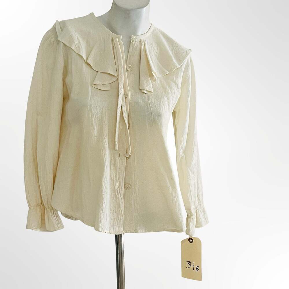 Vintage Ruffled Cream Long Sleeve Blouse with Peter Pan Collar
