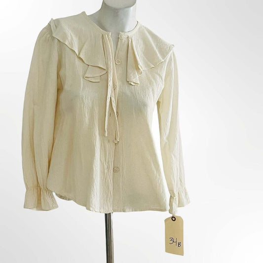 Vintage Ruffled Cream Long Sleeve Blouse with Peter Pan Collar