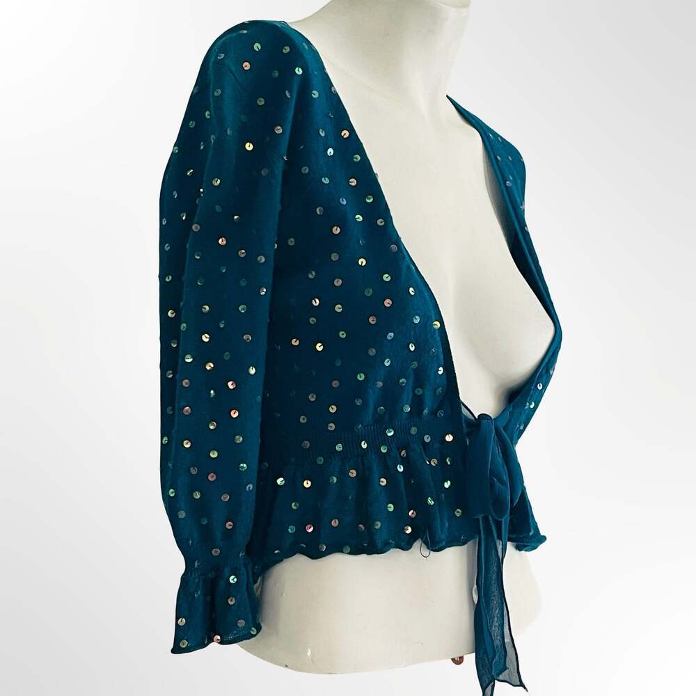 Necessary Objects Sequin Tie Front Crop Top Teal
