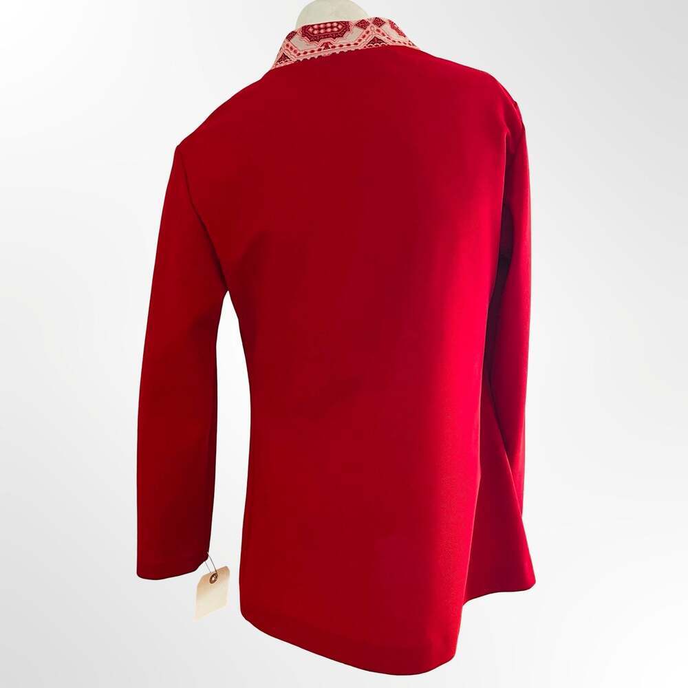 Cintura Vintage Red Long Sleeve Tunic Top with Embroidered Collar