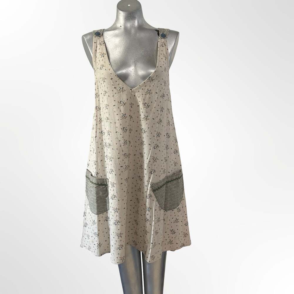 Custom Made Sleeveless A-Line Pinafore Dress with Floral Print and Striped Pocke