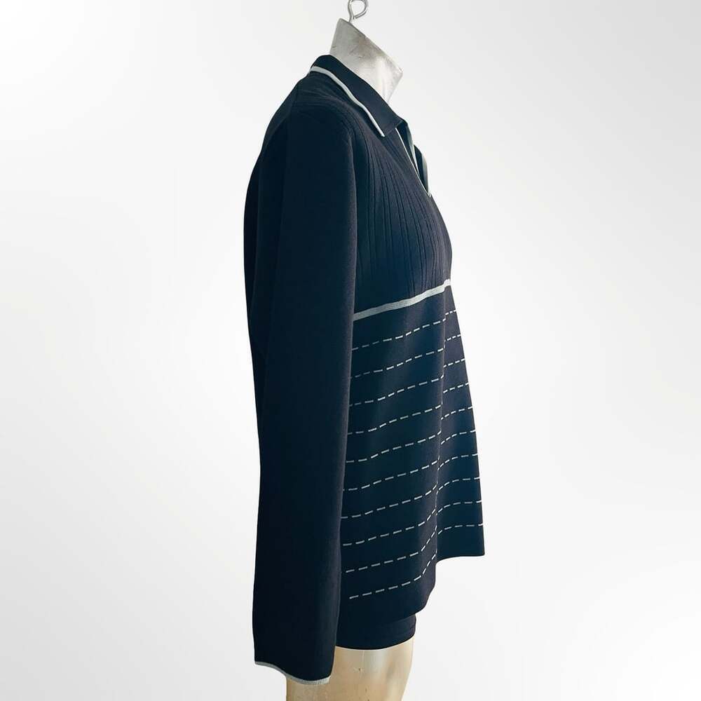 Full Circle Black and Grey Striped Knit Long Sleeve Polo Sweater