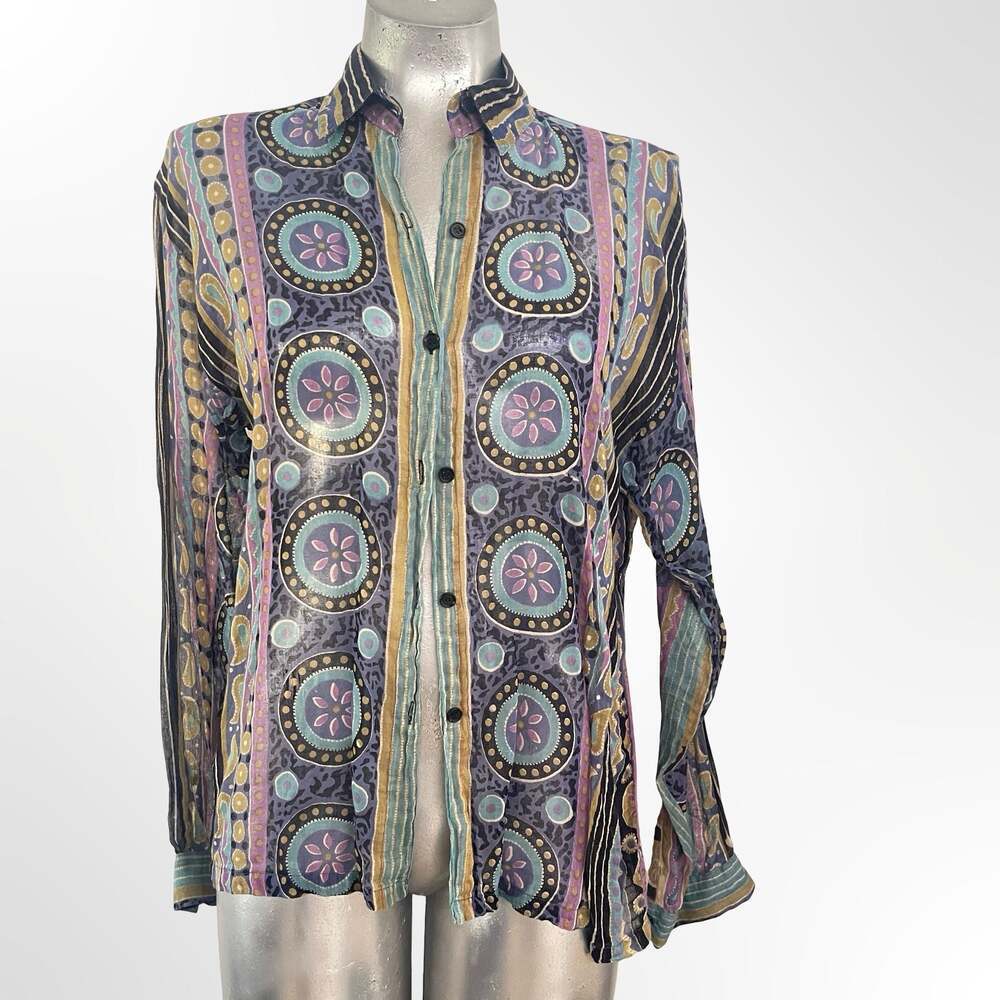 Jasmine by K.V.M. Vintage Geometric Printed 100% Cotton Button-Down Shirt