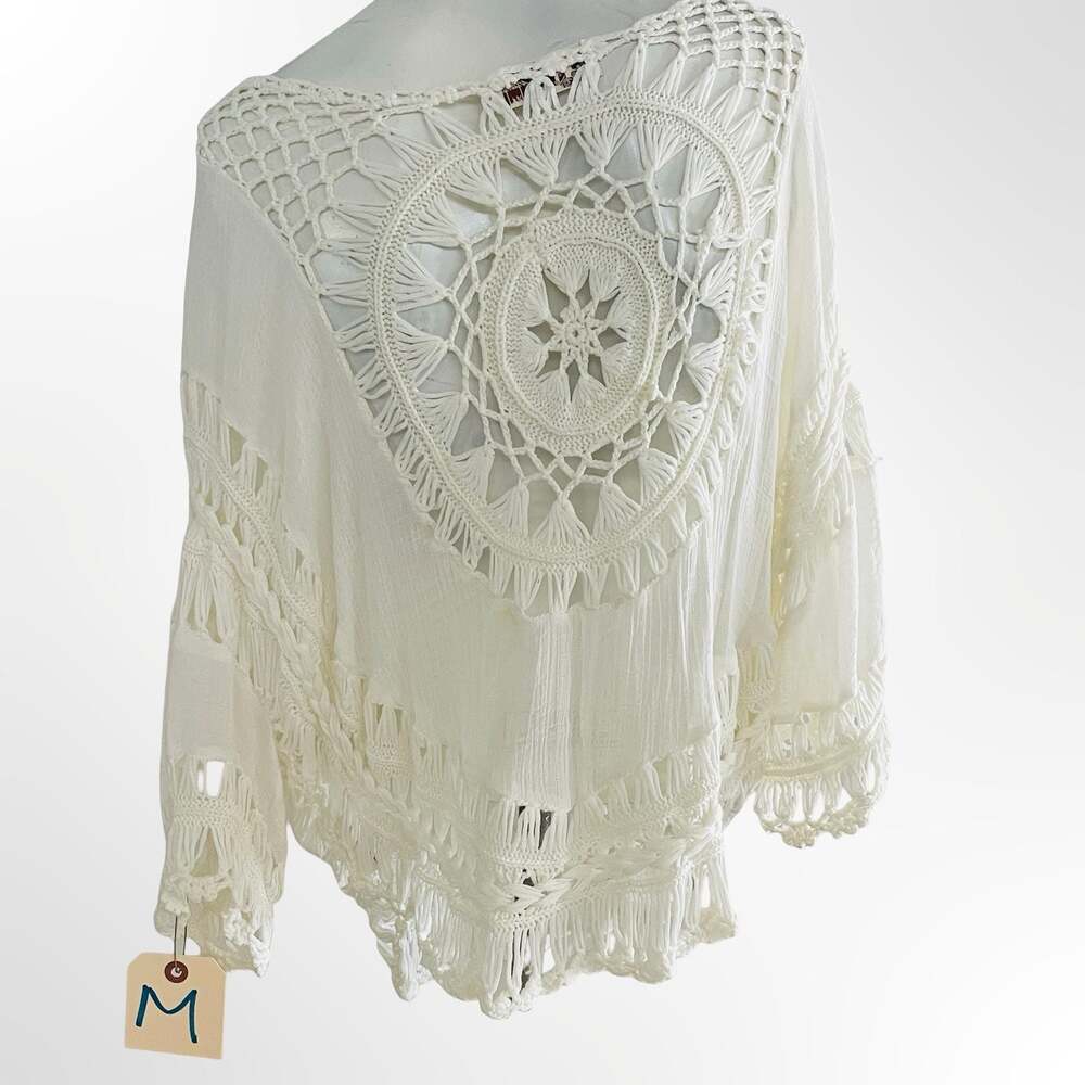 Boho Crochet Crinkle Tunic Top White Festival Beach Cover Up Size M
