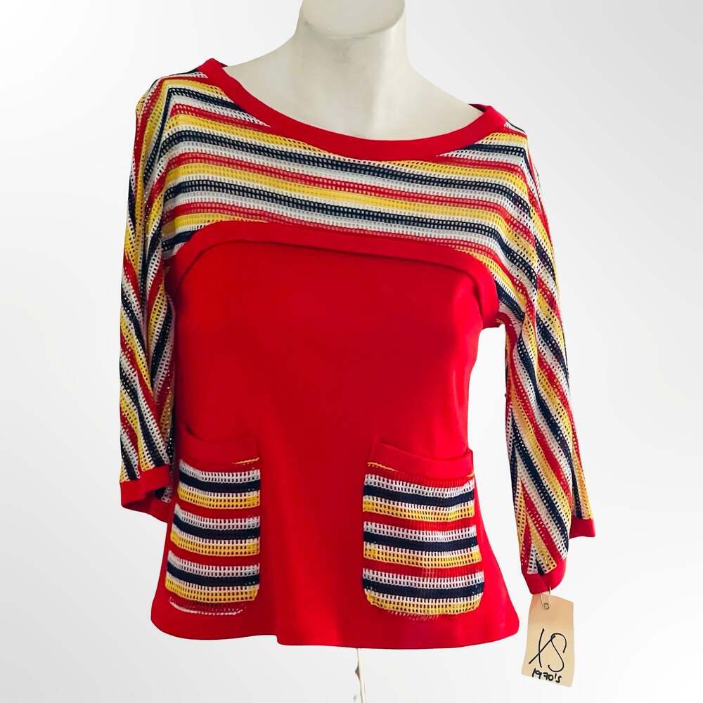 Vintage 1970s Naulover Red Mesh Stripe Pocket Mod Top XS