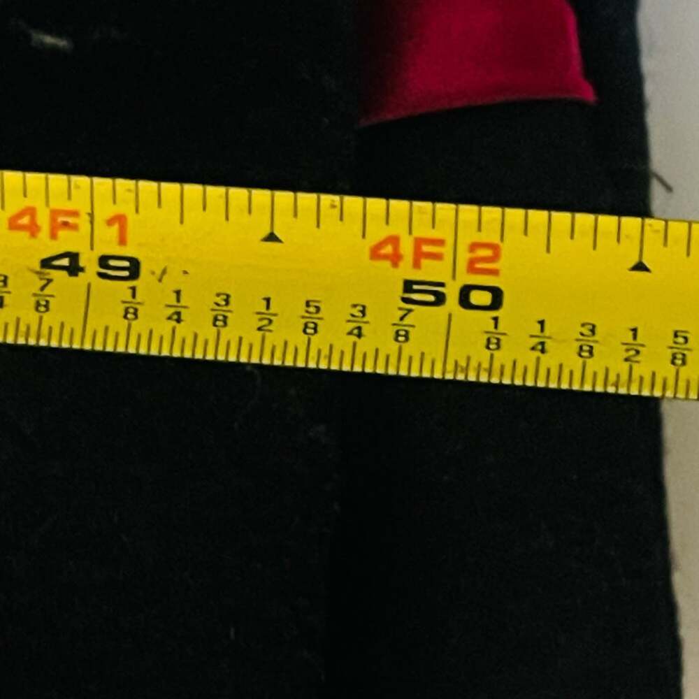 Vintage Black Wool Long Trench Coat with Leather Trim and Red Lining