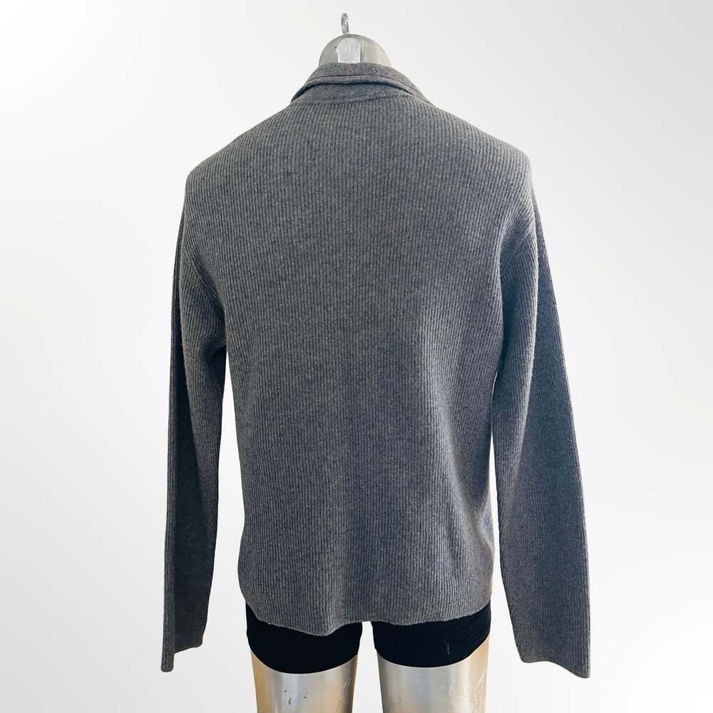 Gray Ribbed Half-Zip Sweater with Contrast Red Trim Lapel Collar
