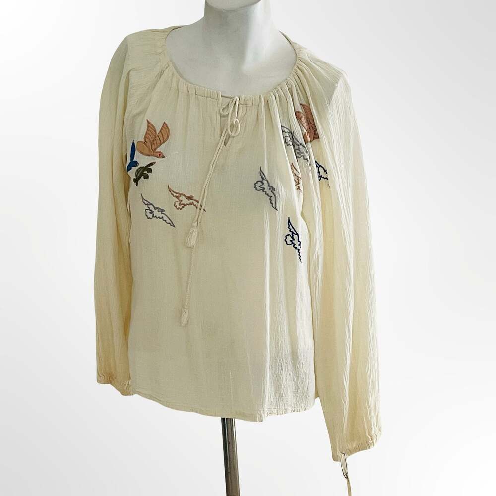 Vintage 1970s Embroidered Bird Design Cream Long Sleeve Blouse Free Size
