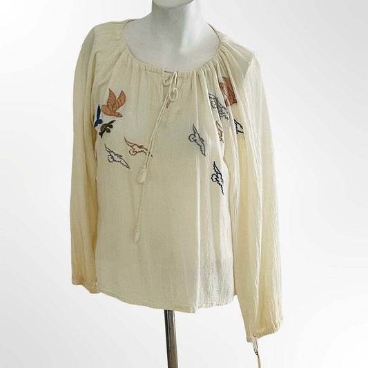 Vintage 1970s Embroidered Bird Design Cream Long Sleeve Blouse Free Size