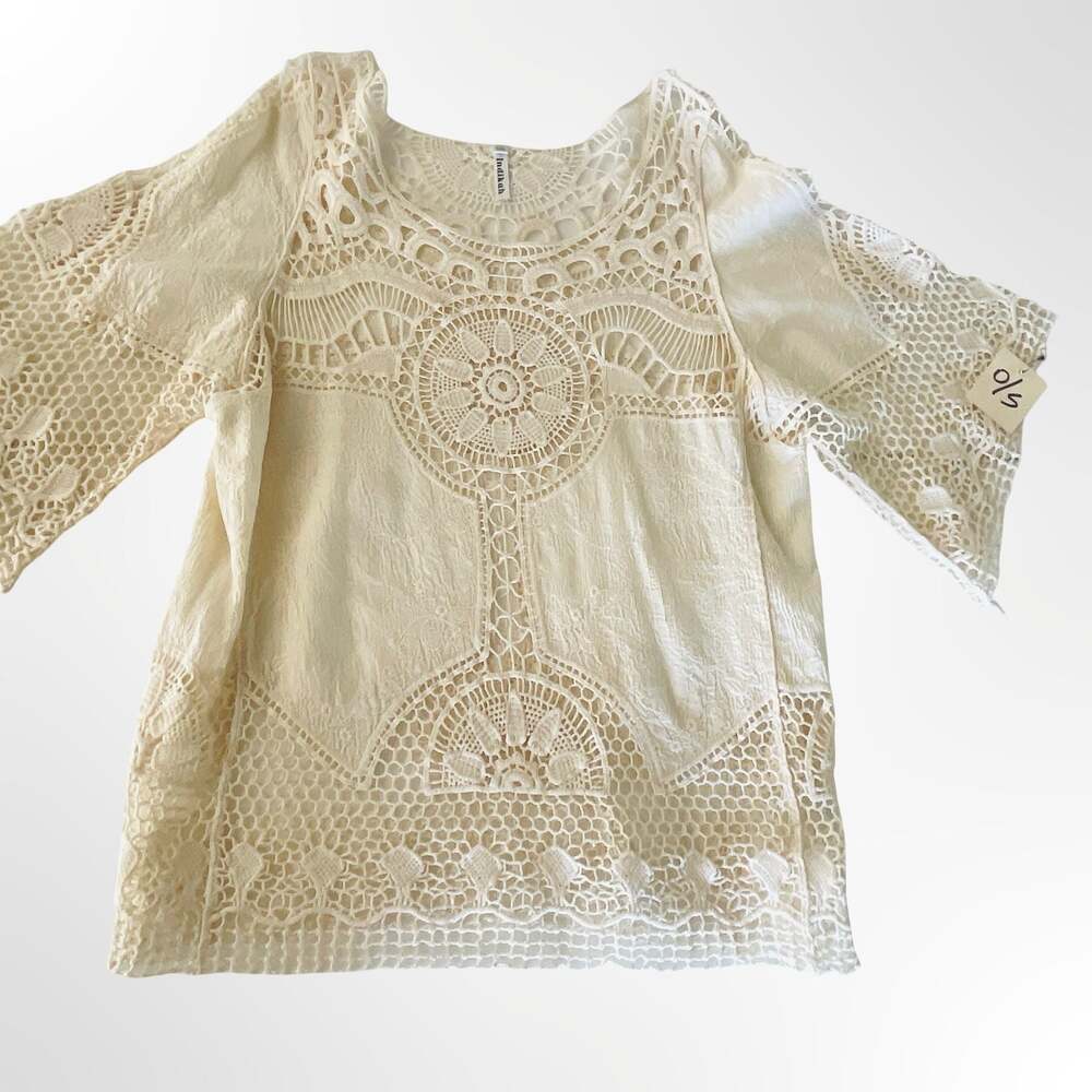 Indikah Cream White Boho Crochet Lace One Size Tunic Blouse